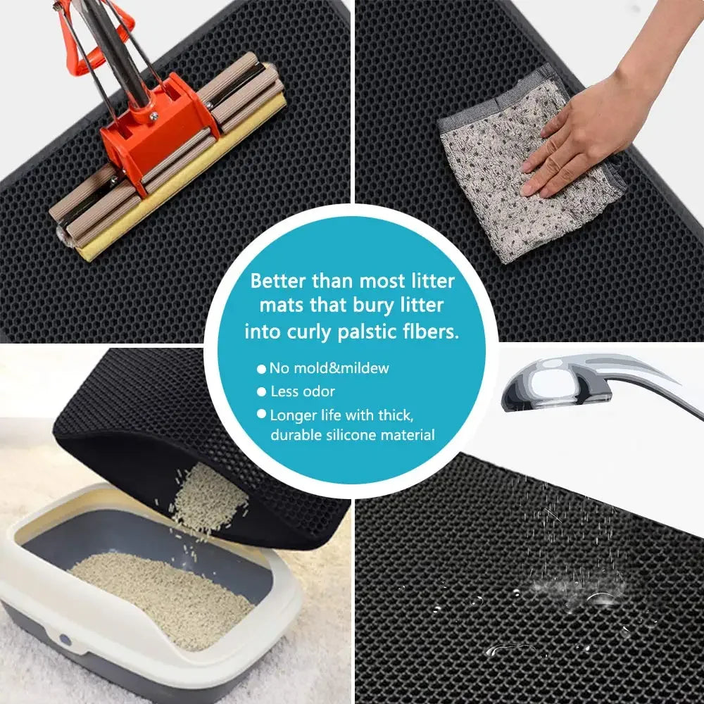Black cat litter mat with raised hex grid surface under a litter box