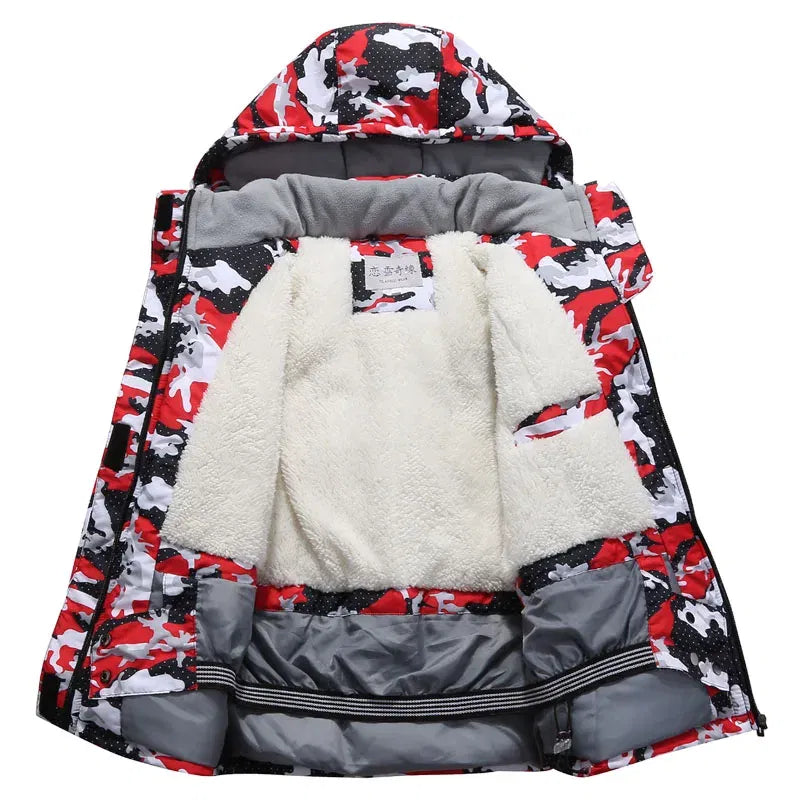 Kids camouflage ski jacket with sherpa-style hood lining and black interior
