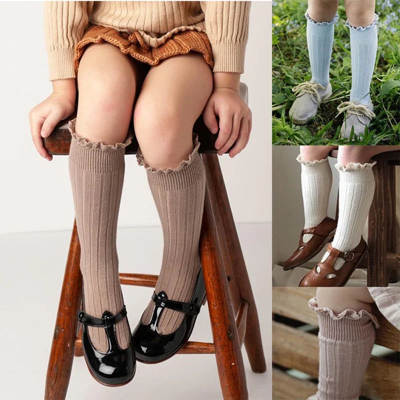 Knee-high ruffle socks with lace-like cuff, light taupe color pair