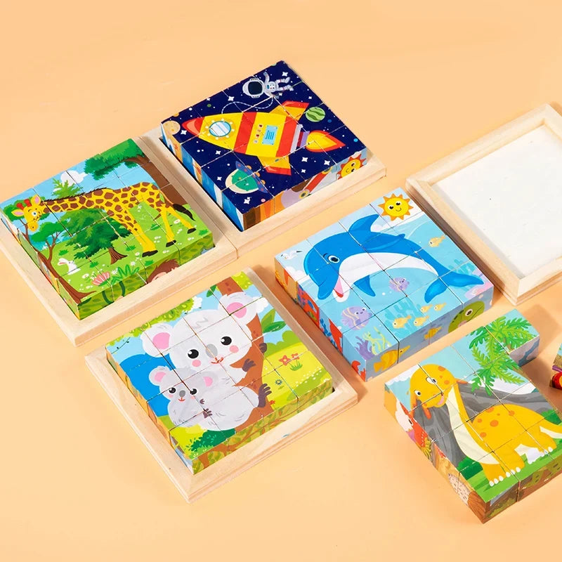 Wooden animal puzzle blocks in trays with giraffe, dog, and ocean dolphin designs