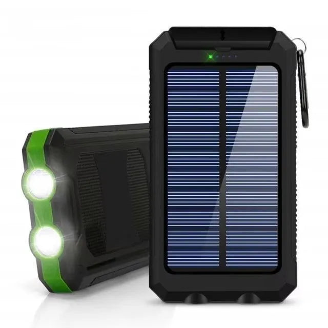Solar power bank with two illuminated side lights, black body with green accents