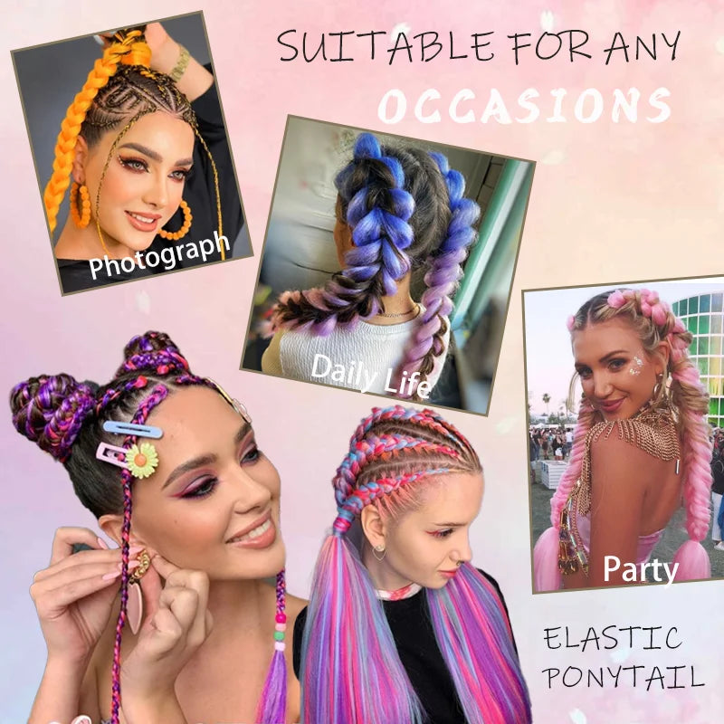 Synthetic elastic ponytail extension with long braided strands, multicolor ombre for party wear