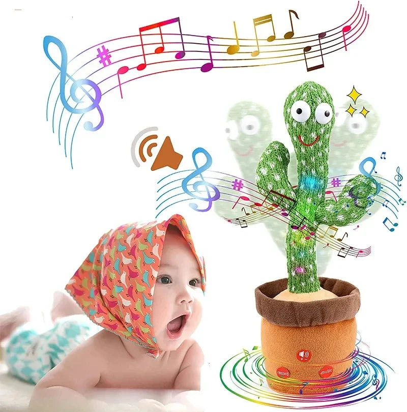 Green dancing cactus singing plush with smiling face, big white eyes, in fabric pot