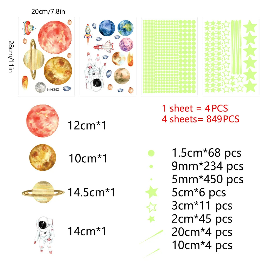 Space wall sticker sheets with glowing planets, stars, and an astronaut decal