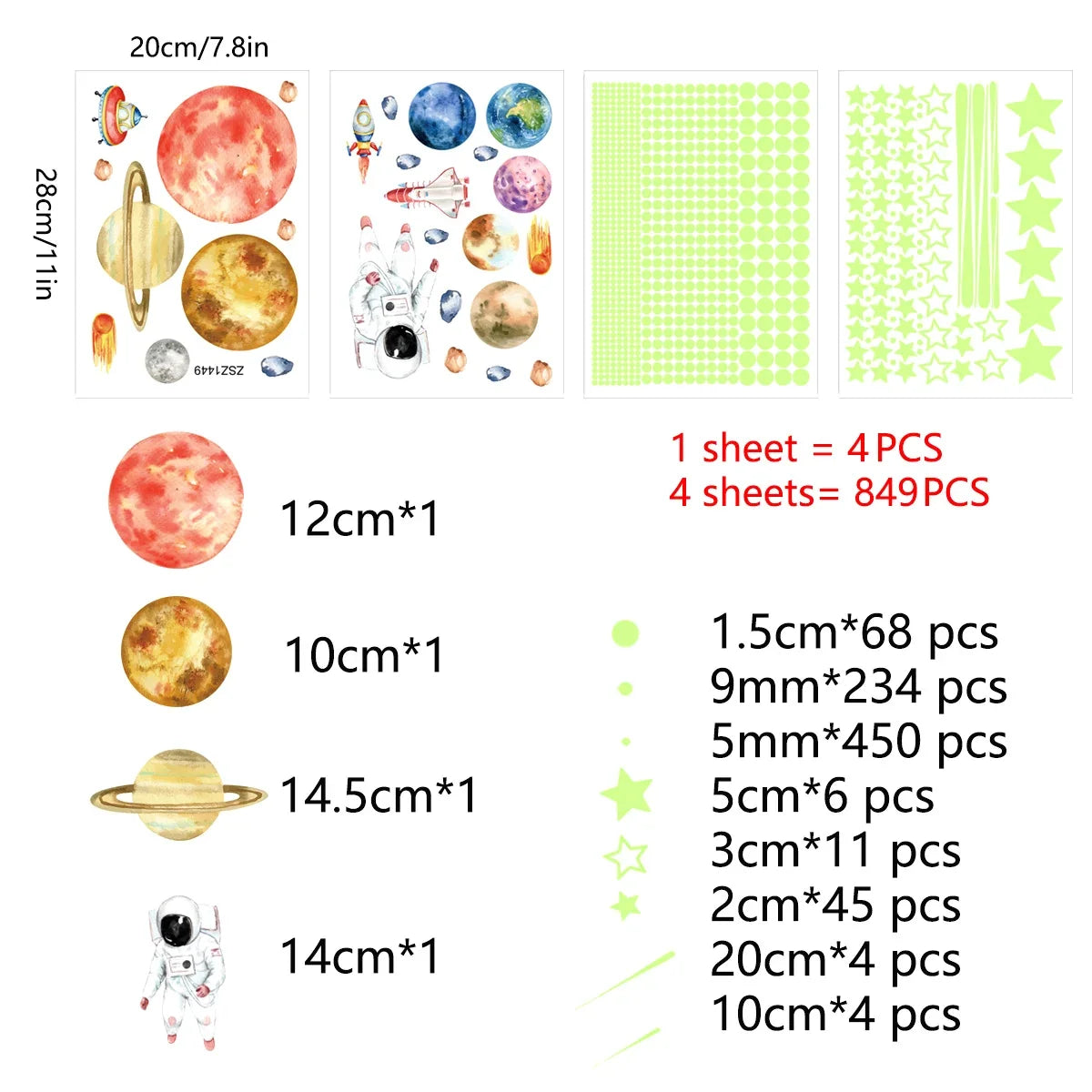 Space wall sticker sheets with glowing planets, stars, and an astronaut decal