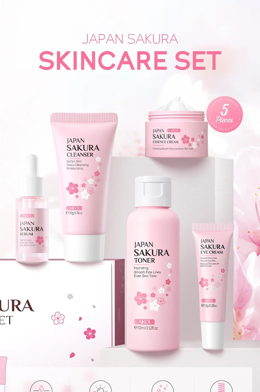 Sakura skincare set display with pink cleanser, toner, eye cream, and face cream products