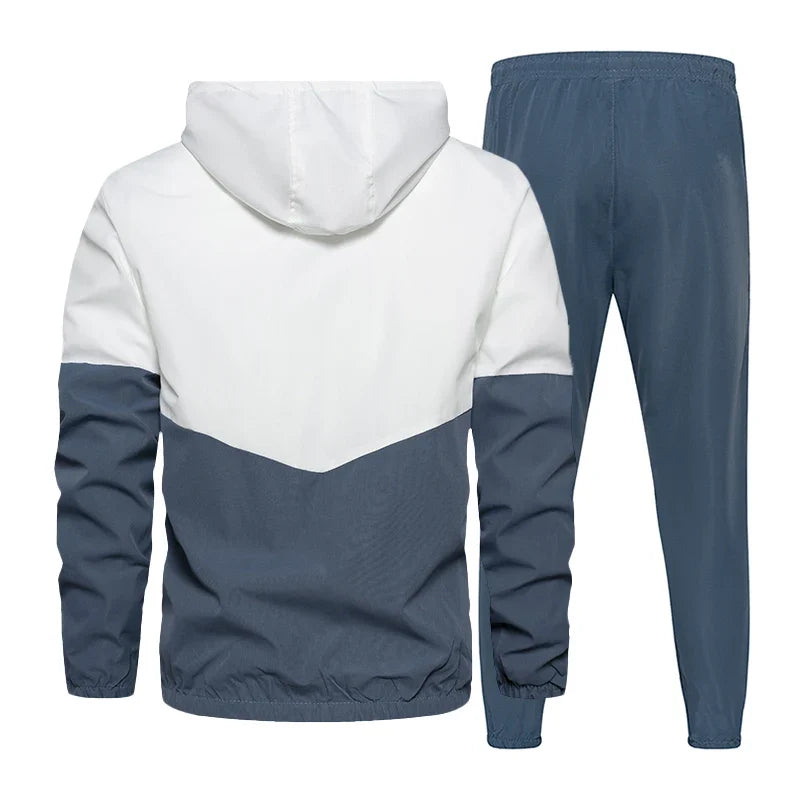Men’s color-block hooded windbreaker jacket with jogger pants set, white and dark blue