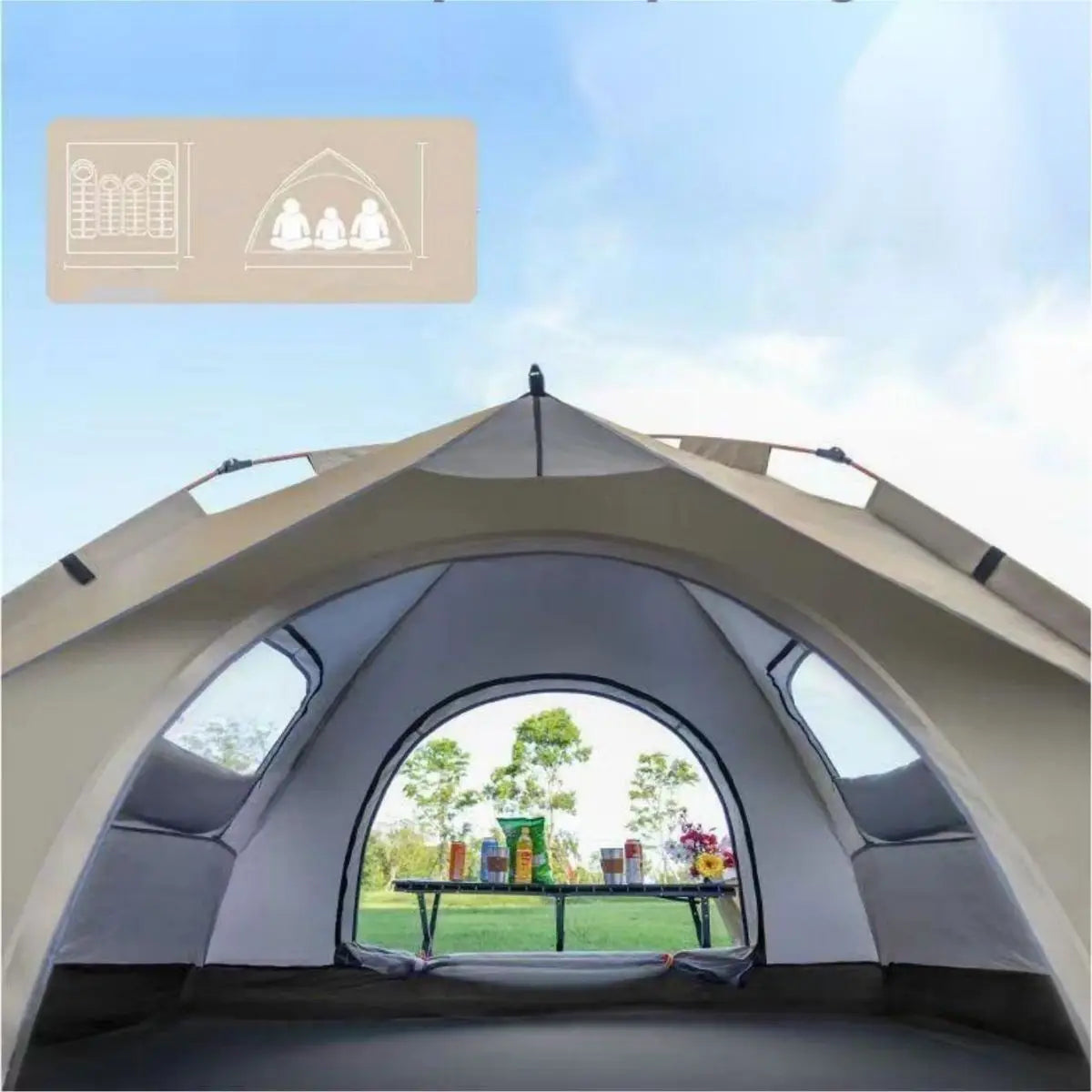 Automatic quick-opening beach tent with two front windows and rounded door opening