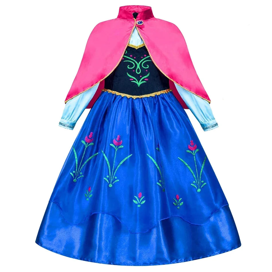 Girls princess costume dress front view with pink cape and blue skirt