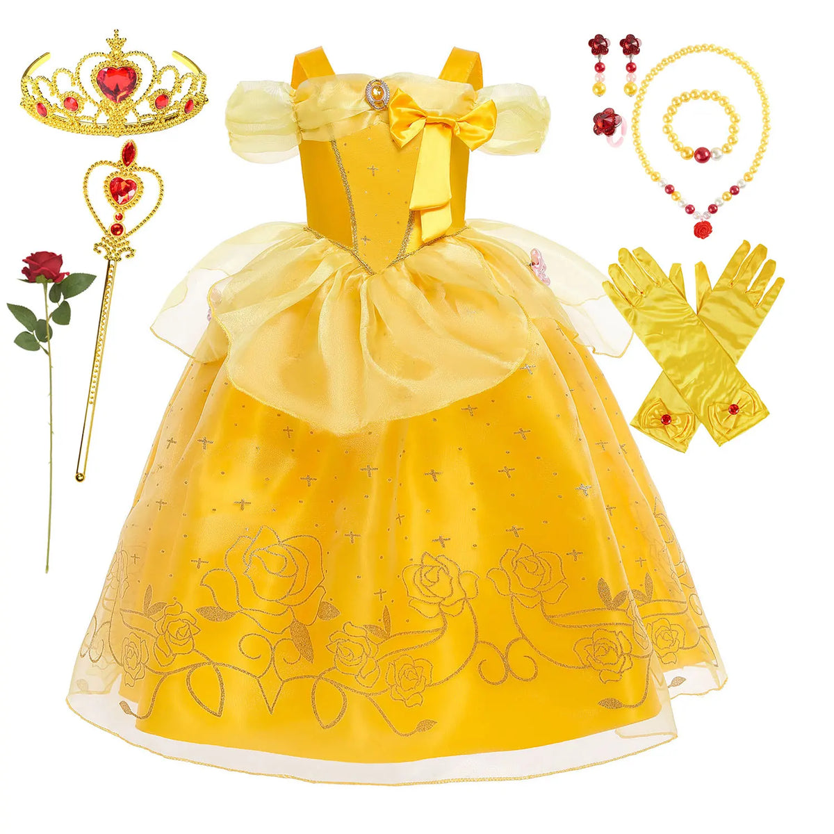 Yellow princess cosplay dress for kids with layered tulle skirt and embroidered rose pattern