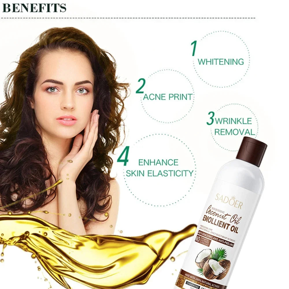 SADOER coconut oil emollient bottle with gold oil splash and woman face