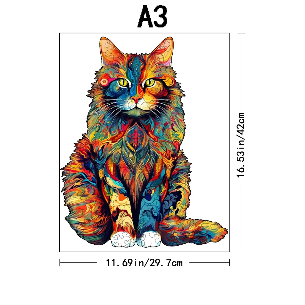 A3 wooden cat jigsaw puzzle size diagram with colorful cat artwork