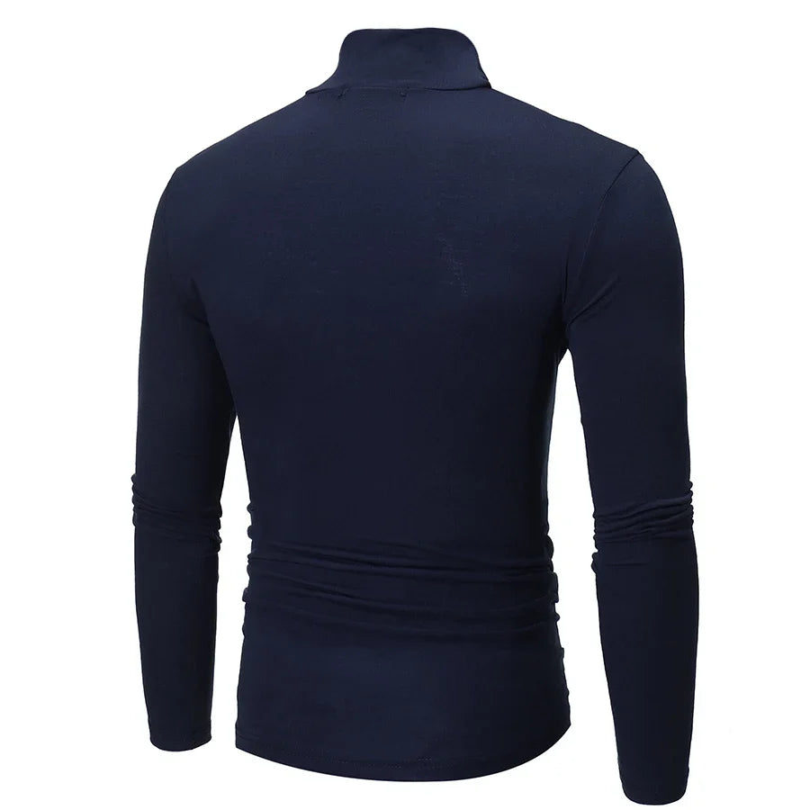 Men's slim-fit thermal shirt, dark navy, high neck, long sleeves, back view