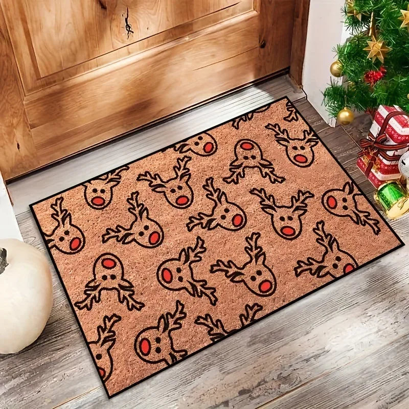 Brown doormat with repeating gingerbread men and cookie icons in dark line art