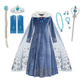 Girls blue glitter princess dress with white fur collar and flared patterned skirt