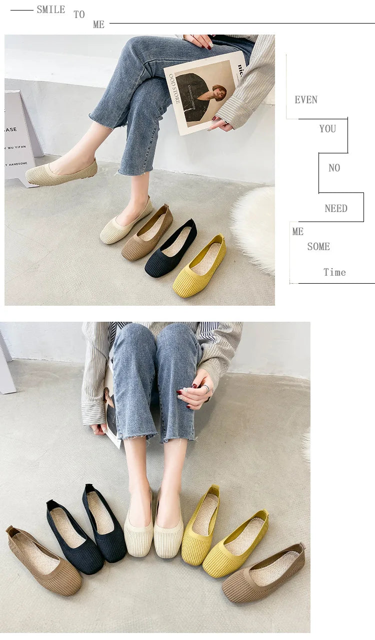 Women’s knit flat shoes lifestyle set, beige, black, yellow, and khaki slip-ons