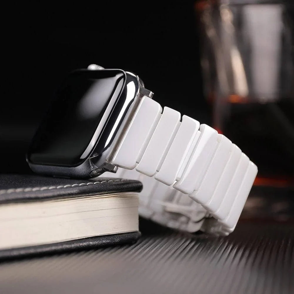White ceramic link watch band with stainless clasp, flat links and band end details