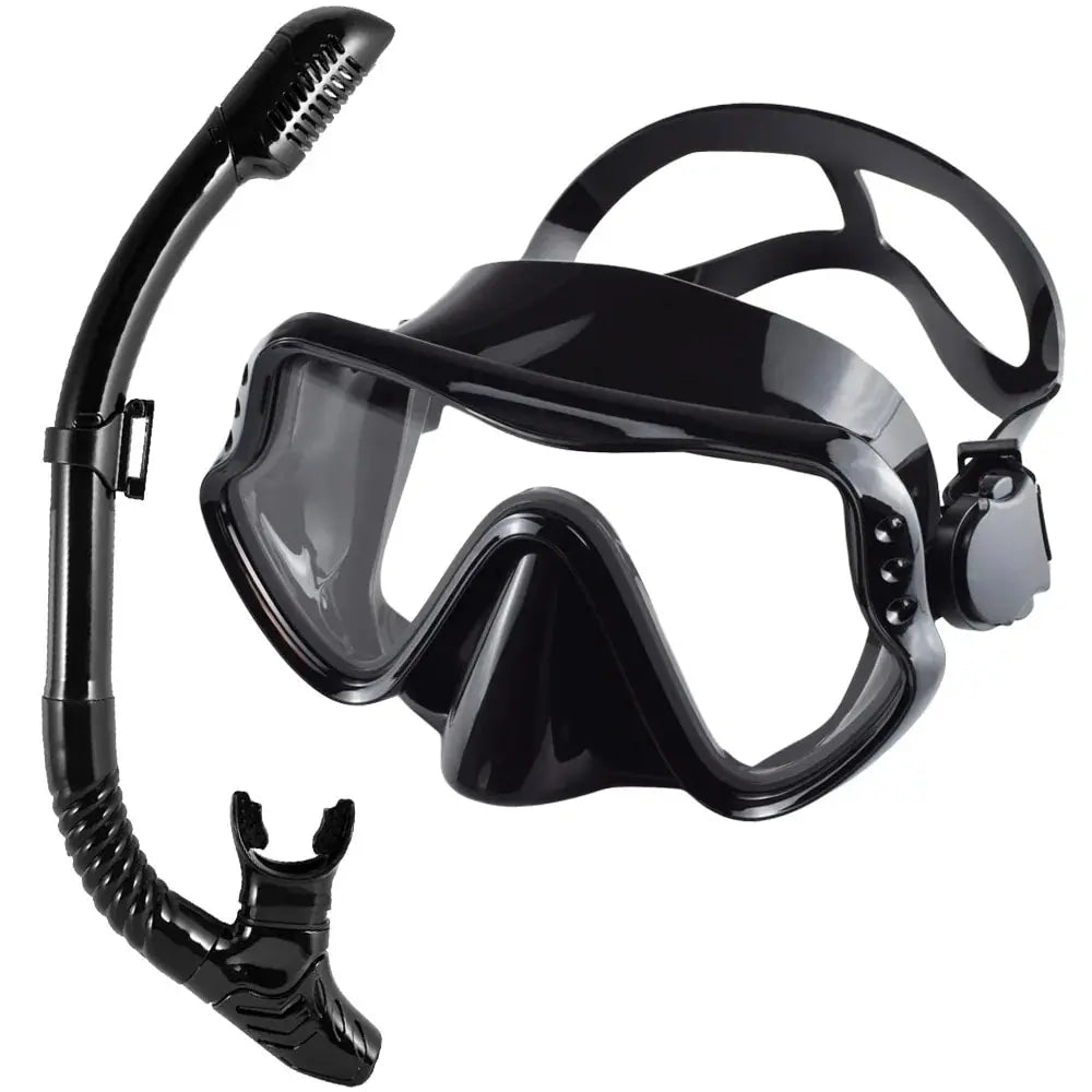 Black adult snorkel mask set with panoramic tempered glass lenses and dry snorkel tube