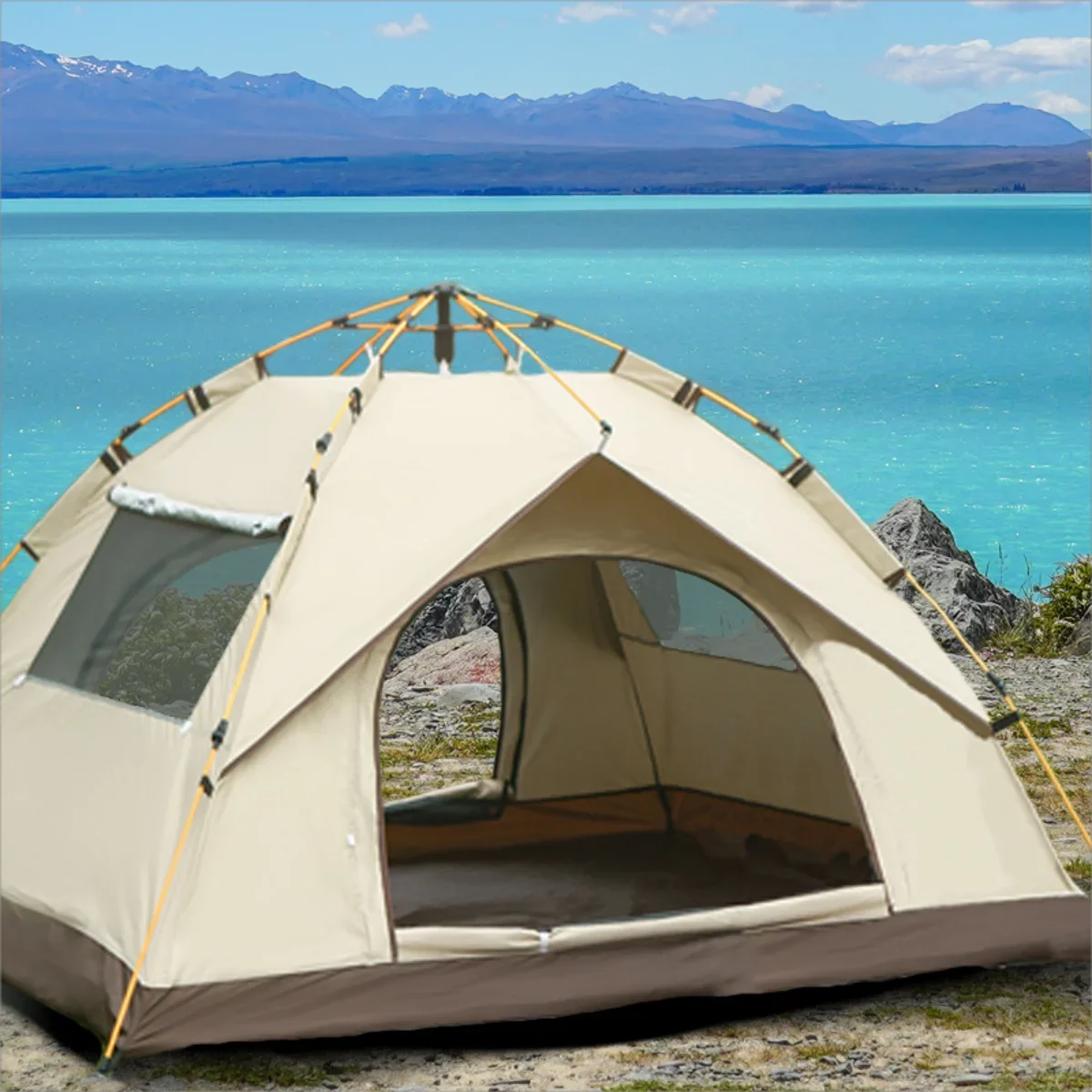 Dome camping tent with cream outer shell, dark mesh door, and orange support poles