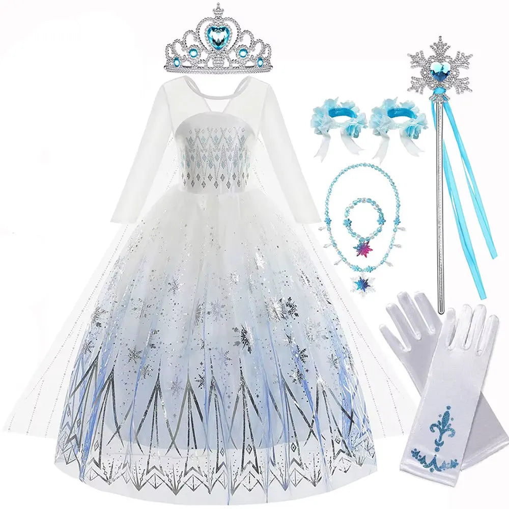 Girls white lace princess dress with embroidered bodice and blue sparkling pleated skirt