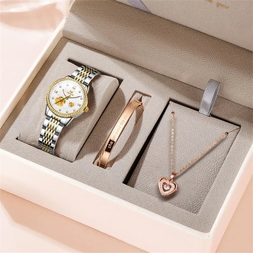 Automatic bracelet watch in gift box with white dial; heart necklace and bracelet pieces