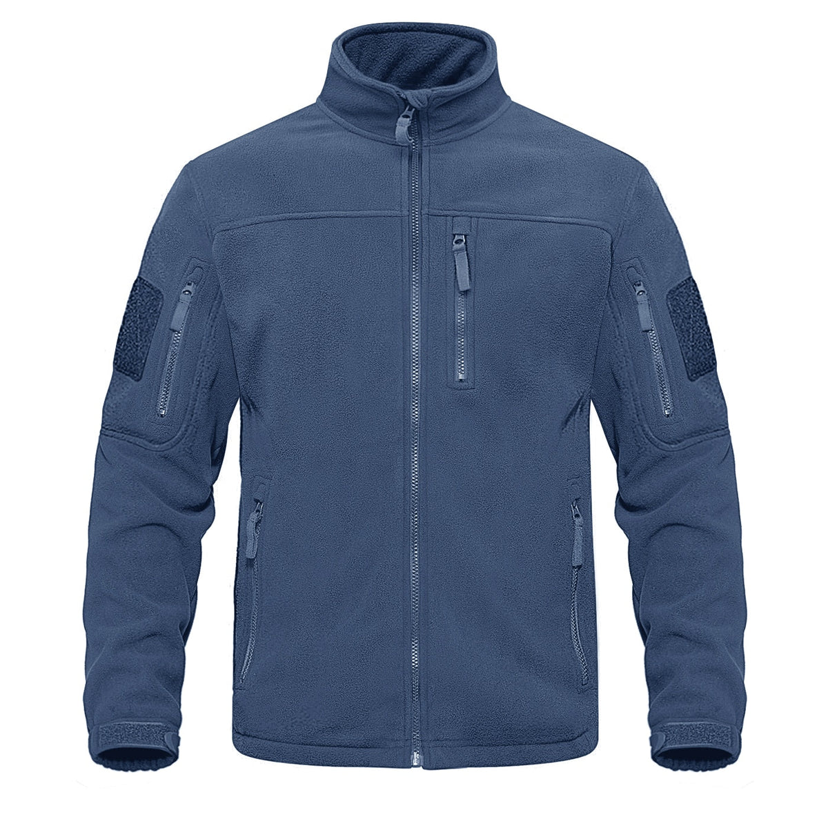 Blue full-zip fleece jacket with stand collar and chest zipper pocket
