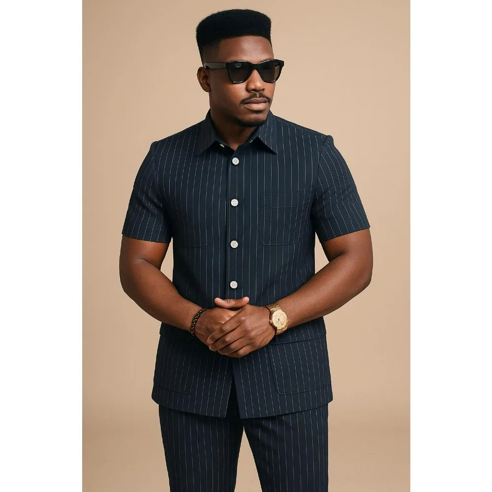 Men's navy striped short-sleeve shirt and pants set, button front and lapel detail