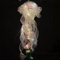 Close-up jellyfish lantern hanging lamp with multicolor glow and translucent fabric