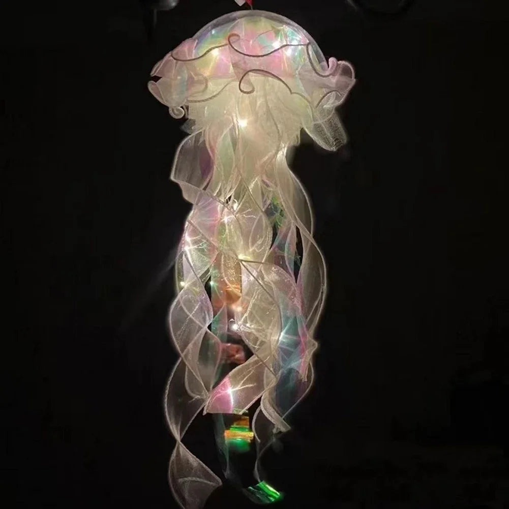 Close-up jellyfish lantern hanging lamp with multicolor glow and translucent fabric