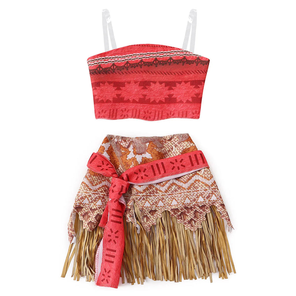 Girls 2-piece princess dress costume: red strapless top with patterned fringe skirt and sash