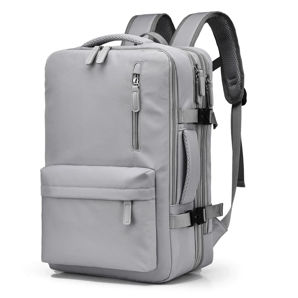 Gray cabin hand-luggage backpack with padded front section and side carry handle