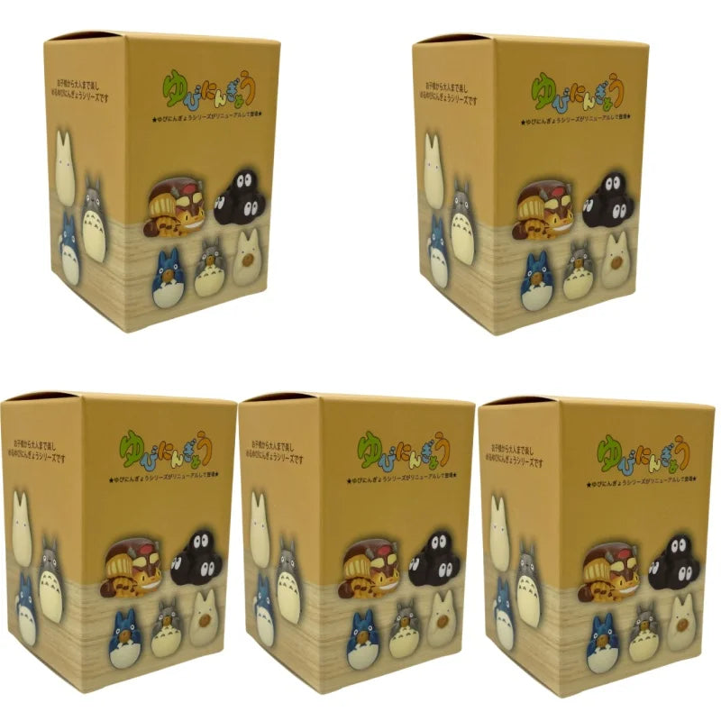 Five brown blind box display cubes with matching character artwork