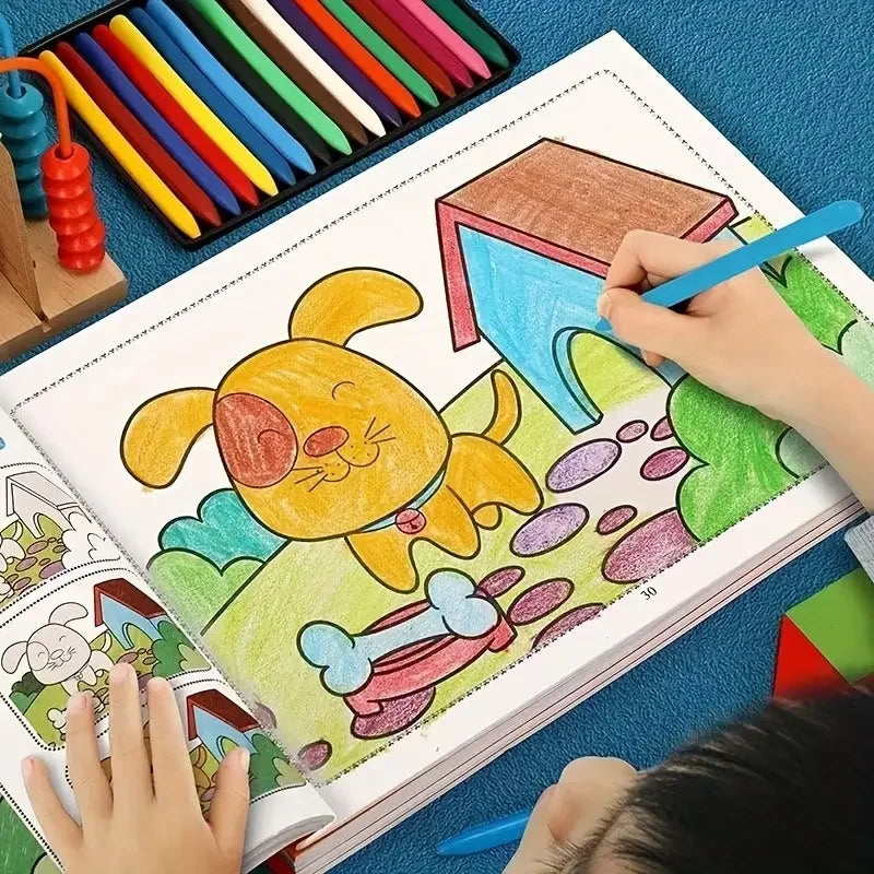 Kids coloring book open page with yellow dog illustration, colored with crayons and shading