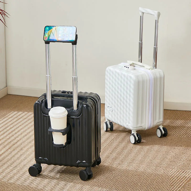 Black 14-inch carry-on suitcase with extendable handle, phone holder, and cup holder