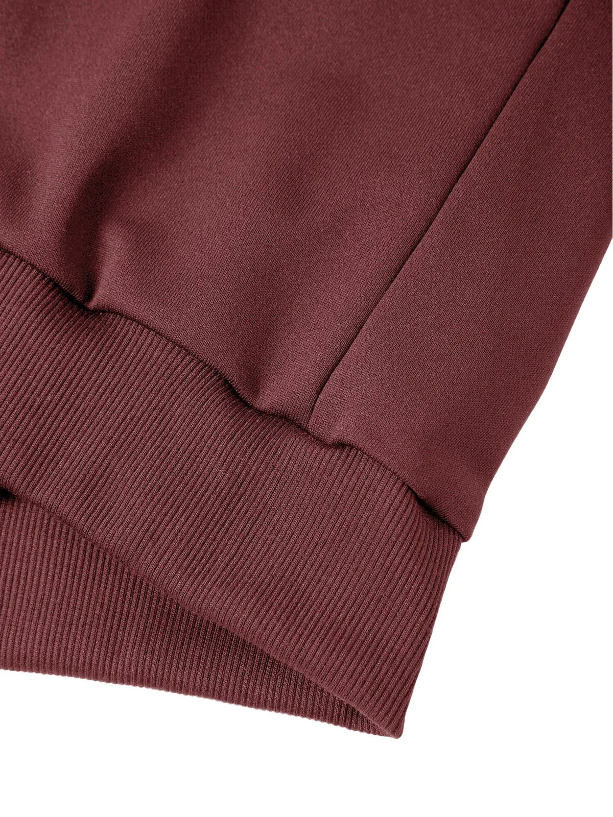 Men's mock-neck sweatshirt hem, maroon knit with ribbed band