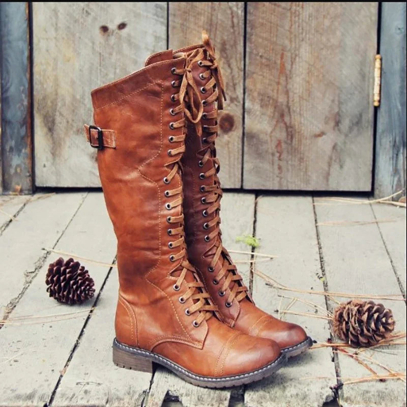 Women’s lace-up knee-high boots, flat sole, brown PU leather with side buckle strap