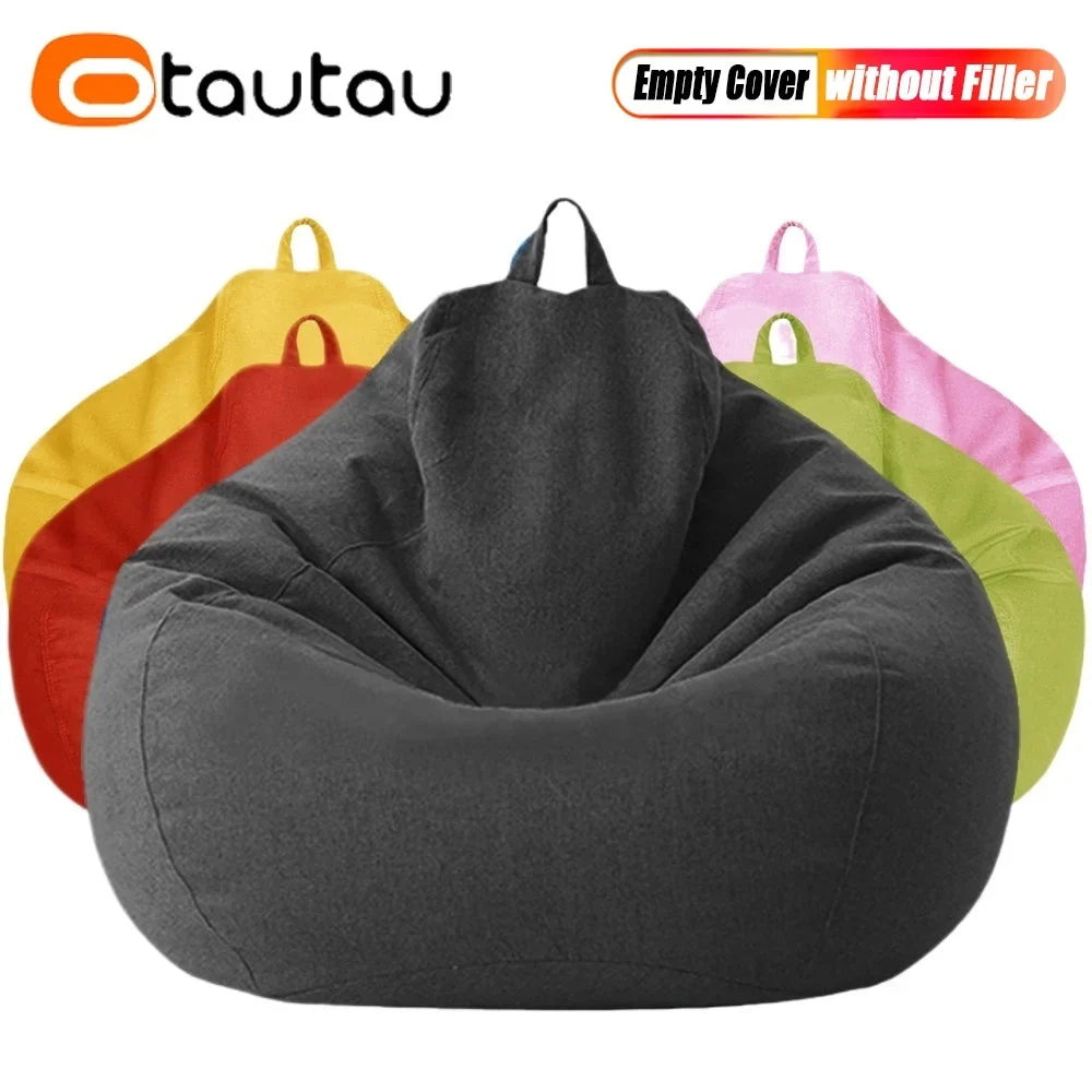 Dark gray bean bag cover in linen-cotton fabric, with top carry handle