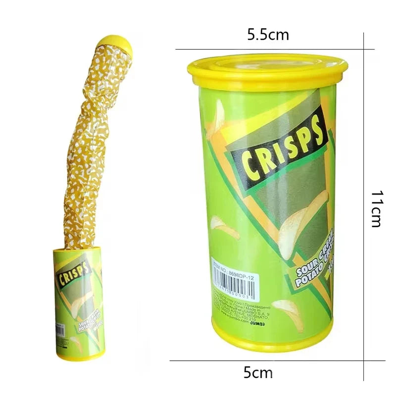 Green can prank toy labeled “CRISPS” with yellow top and small spring figure