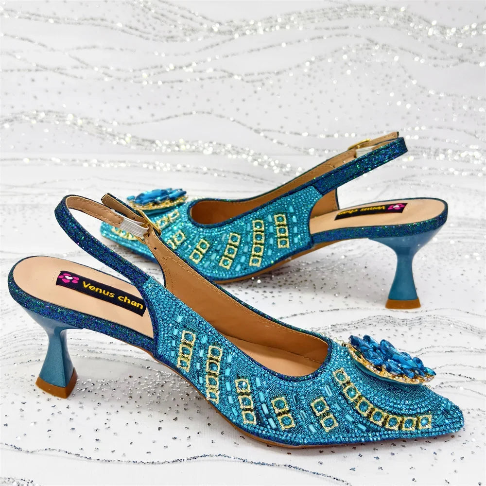 Blue beaded slingback wedding heels with jeweled bow detail, matching bag set
