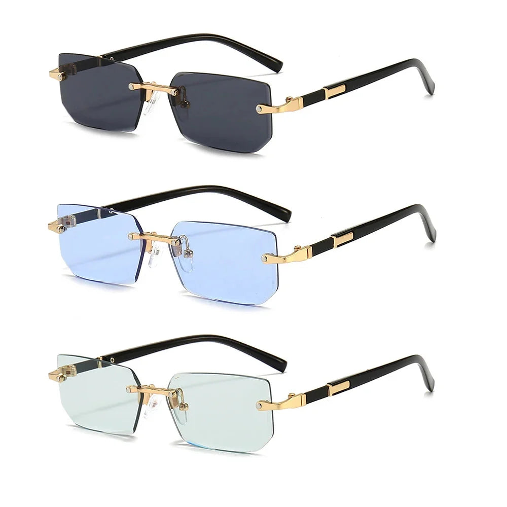 Assorted rimless rectangle sunglasses set: dark, light blue, and mint lenses