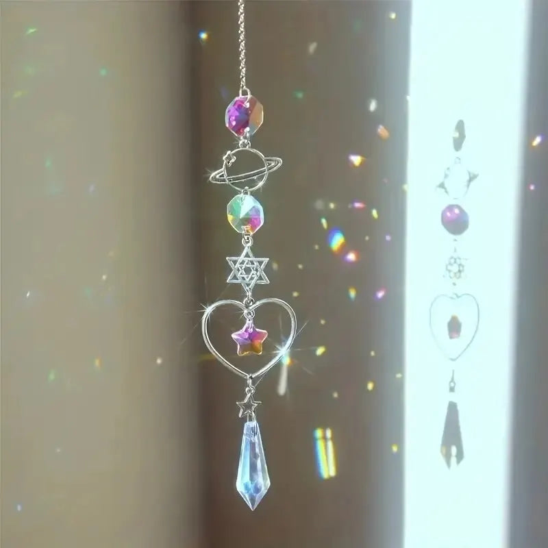 Hanging crystal wind chime suncatcher with planet, star, heart charm and prism drop