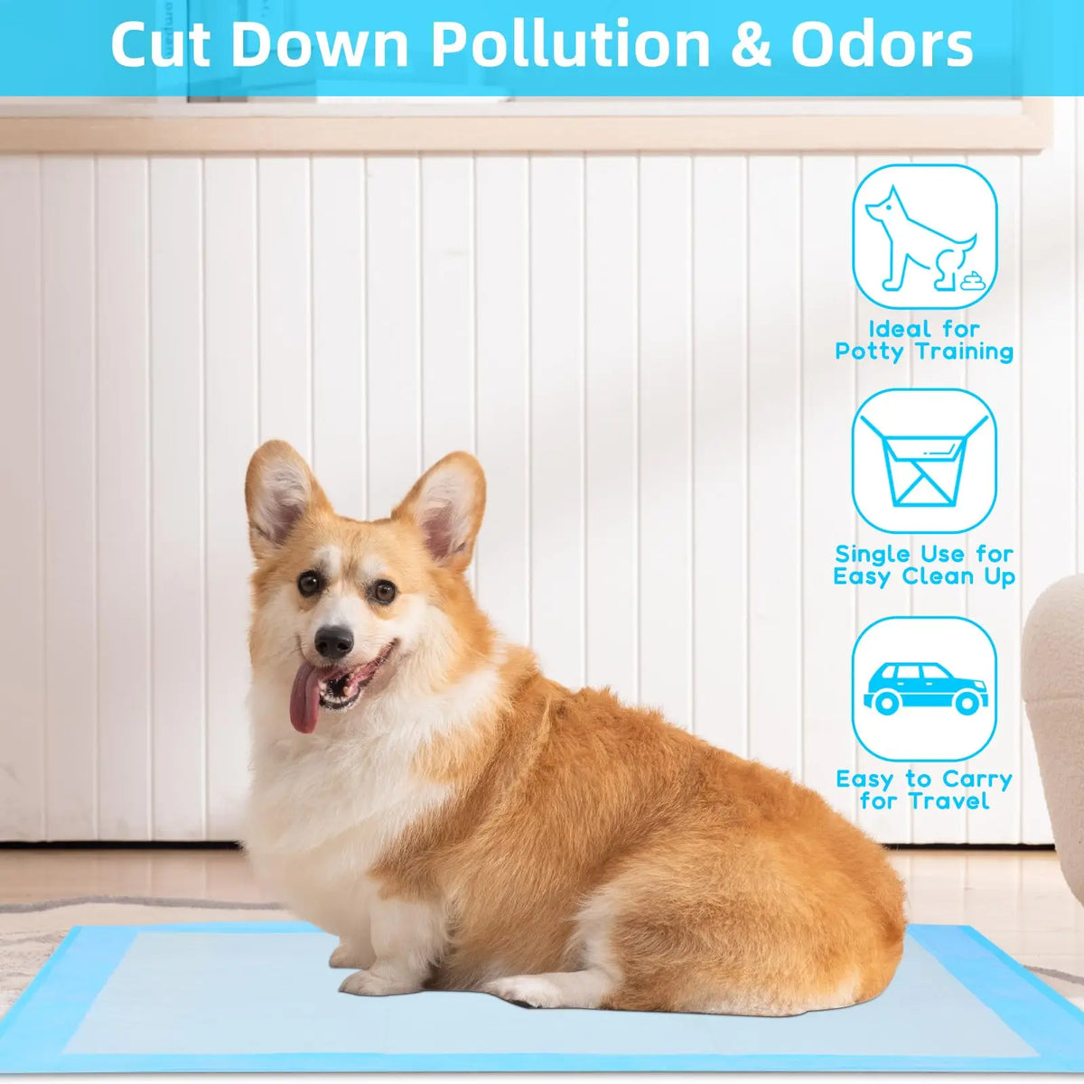 Blue leakproof dog pee pad under a standing dog; folded pad visible