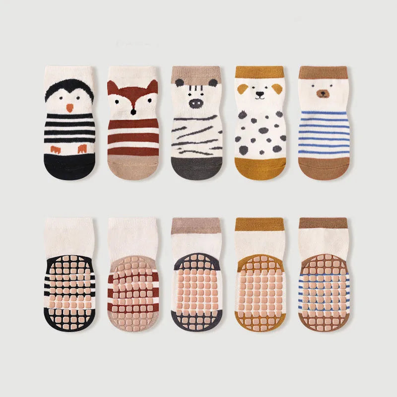 Kids non-slip floor socks set of 5 pairs, mixed cartoon animal prints with grippy soles