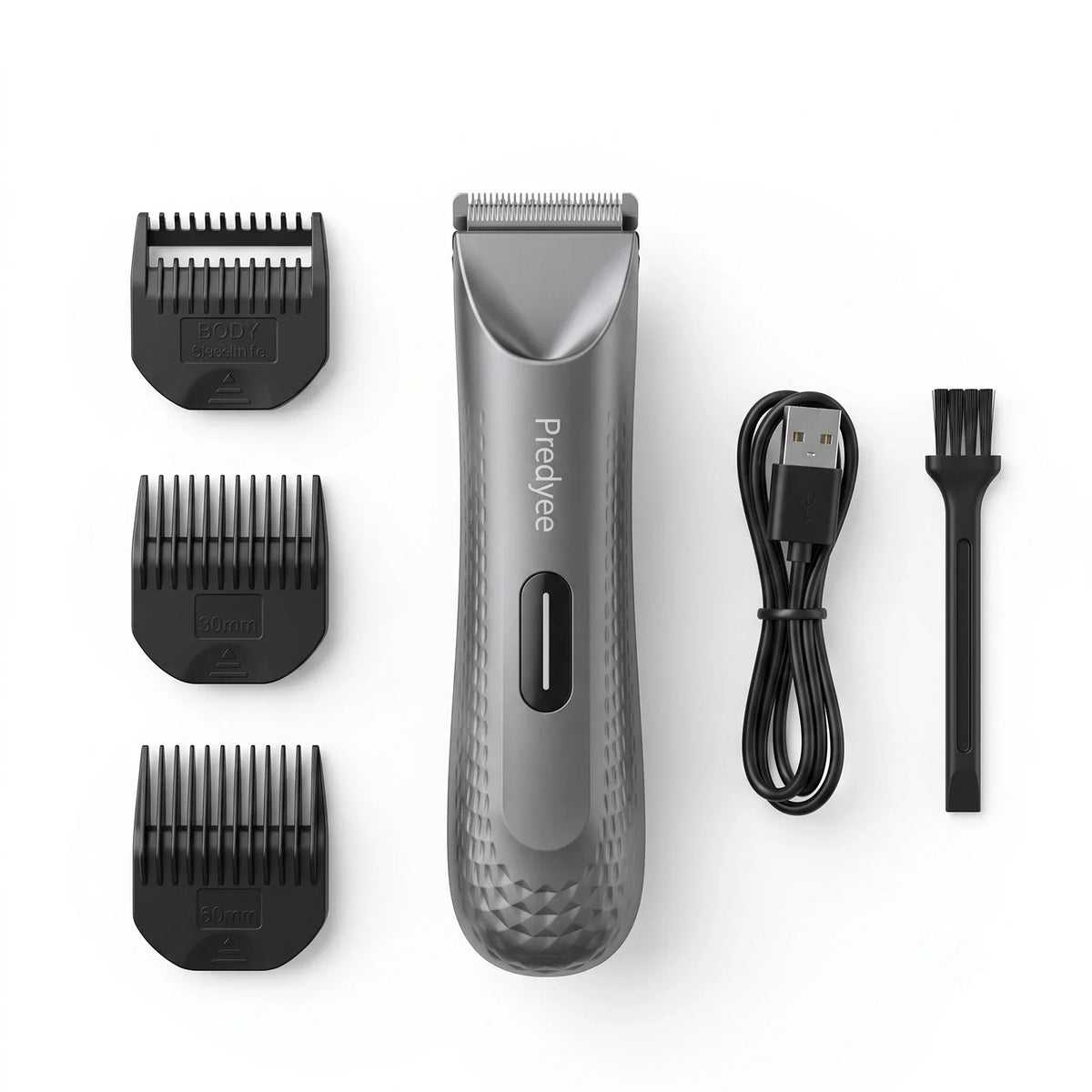 Electric grooming trimmer with multiple guard attachments, charging cable, and cleaning brush