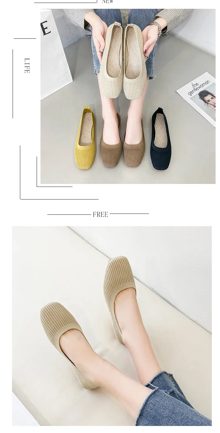 Women’s slip-on knit flats set in yellow, beige, and black with square toes