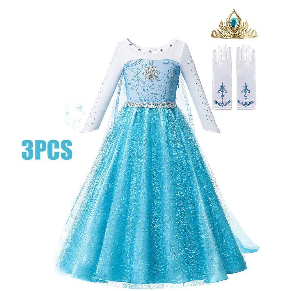 Kids blue princess-style dress with white mesh sleeves and jewel-like applique bodice