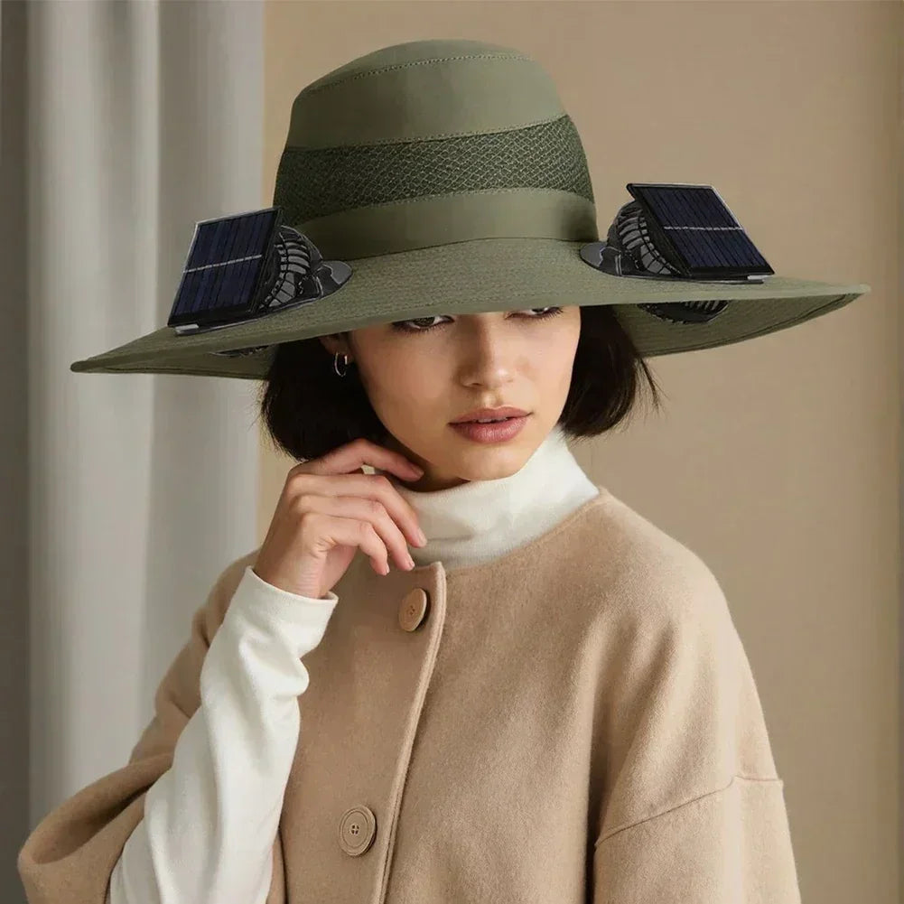 Green solar fan fisherman hat with wide brim and side solar panels