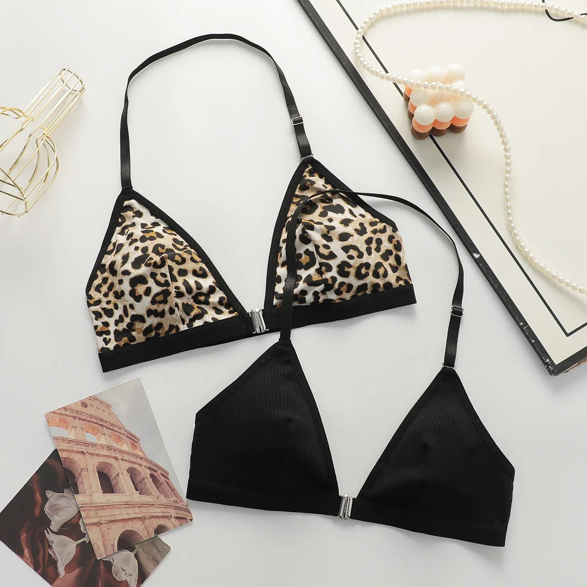 Leopard print triangle bra and matching panties set with black adjustable straps