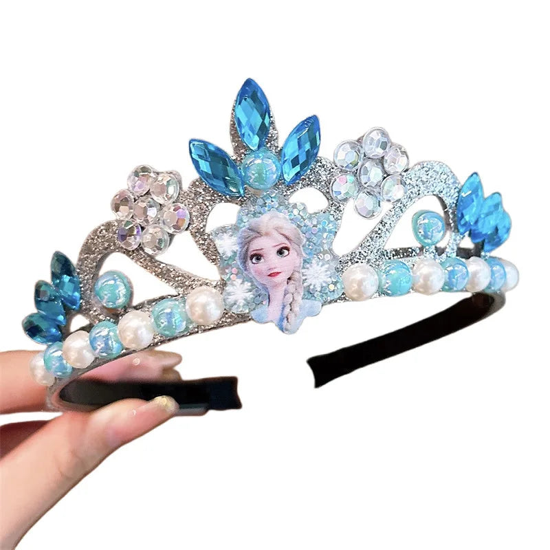 Blue princess crown headband with rhinestones, faux pearls, and crystal flowers