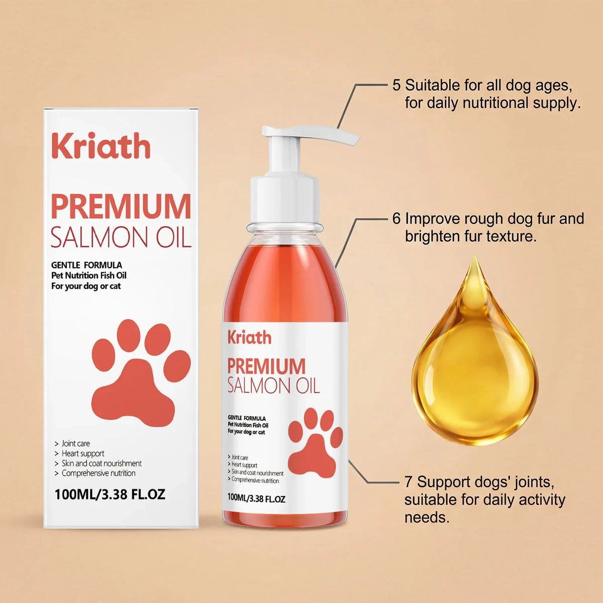 Premium salmon oil supplement box and pump bottle with single droplet illustration